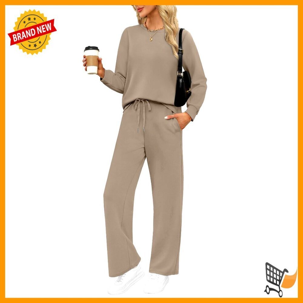 Lounge Set 2 Piece Sweatsuit Wide Leg Pants Crew Neck Tracksuit Travel Outfit